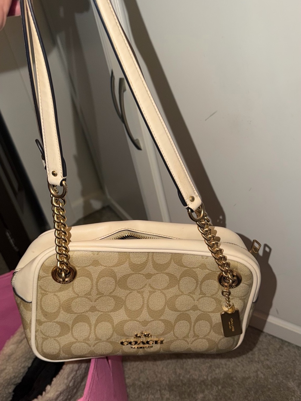 Coach Cream Signature Canvas Shoulder Bag with Gold Hardware
